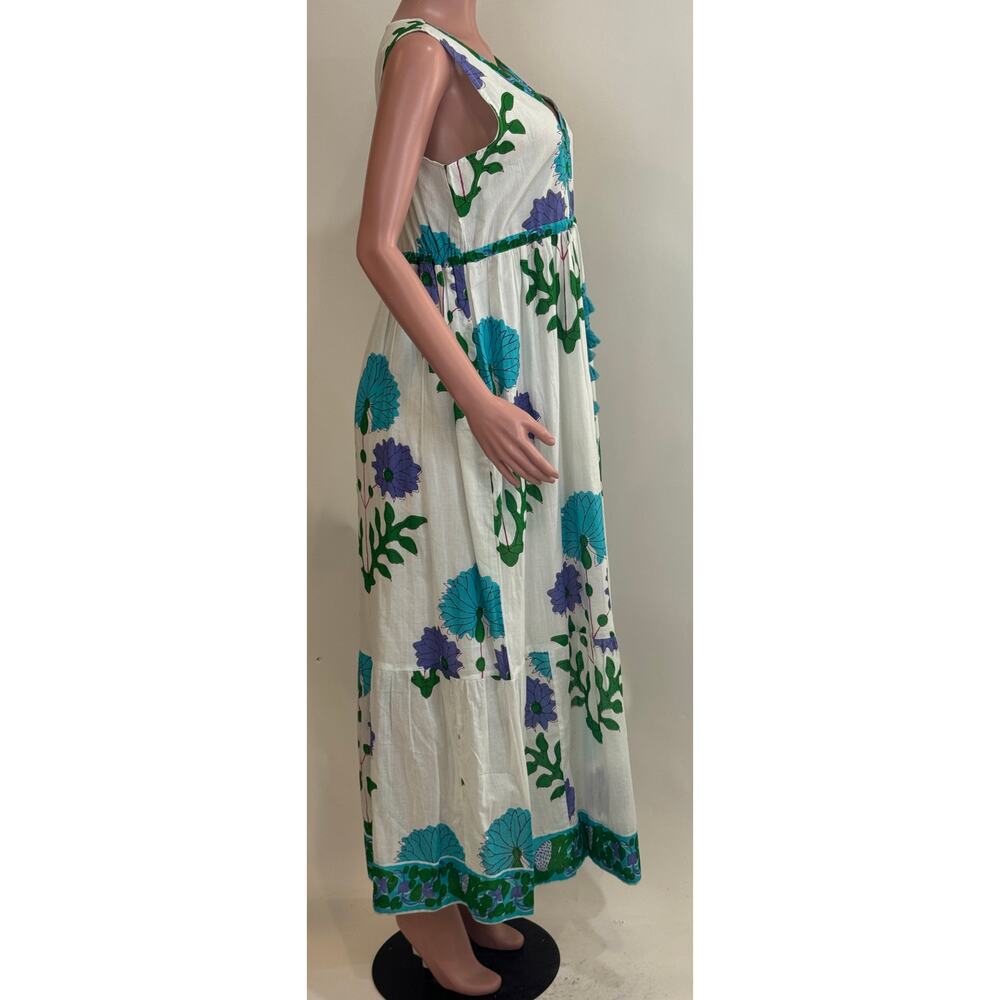 La Plage Maxi Dress Size M White Blue Purple Floral Print Tassel Tie Waist Boho - Picture 3 of 16